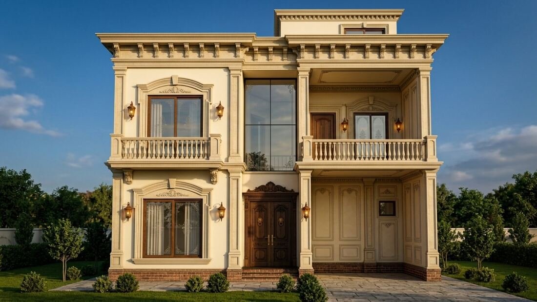 Front elevation design concept — beige classical facade