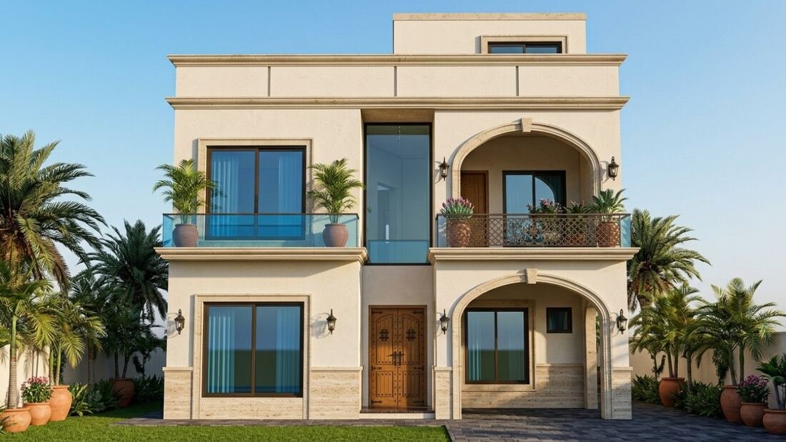 Front elevation design concept — cream modern villa