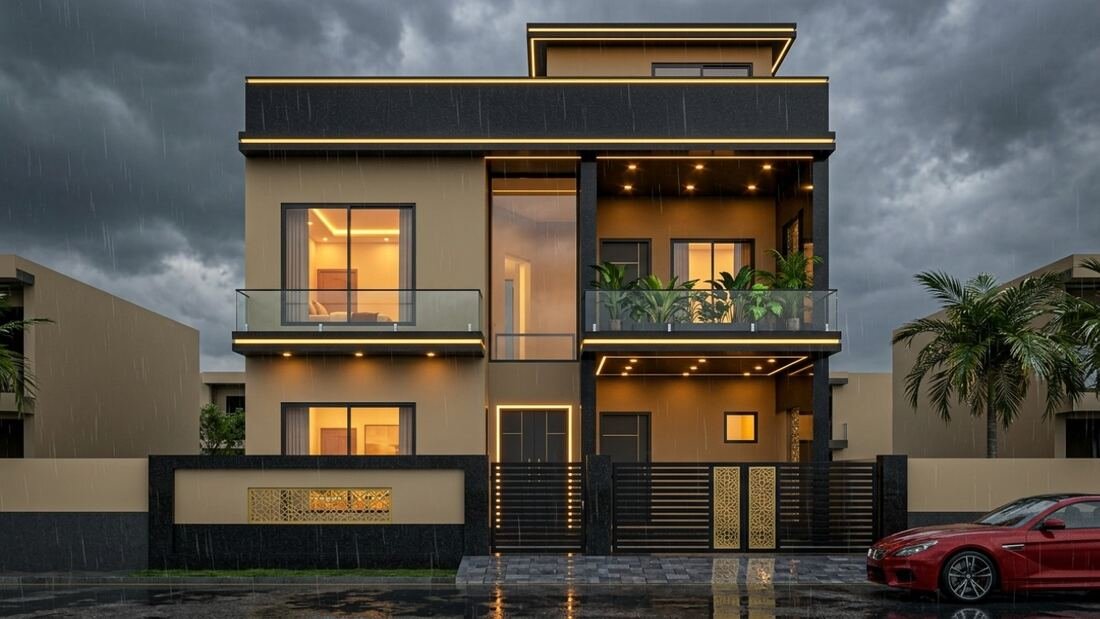Front elevation design concept — night render with lighting