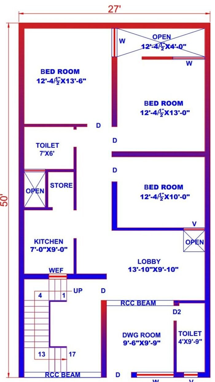 Sample floor plan layout — bedrooms, lobby and drawing room