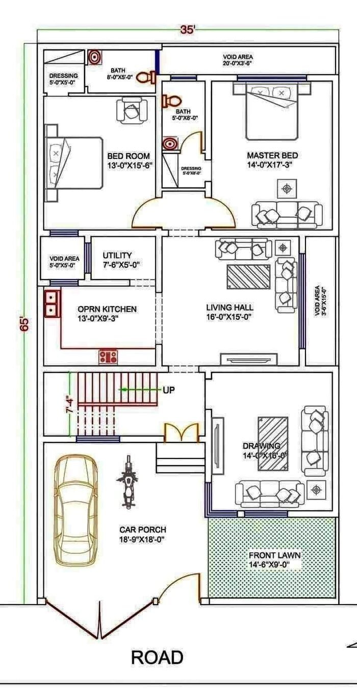 Sample floor plan layout — master bed, kitchen and car porch